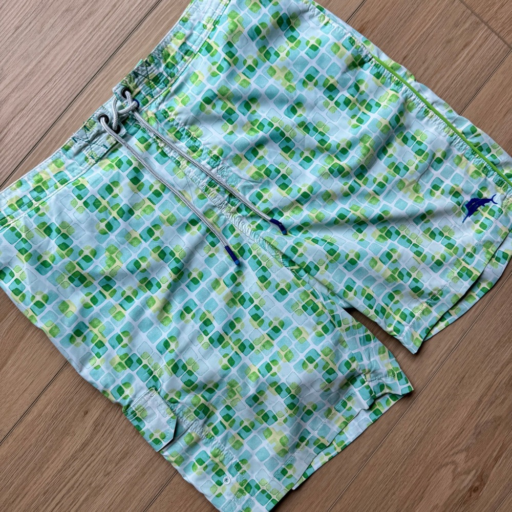 Tommy Bahama Mens Green Blue‎ Mosaic Print Swim Trunks Board Shorts Size Large